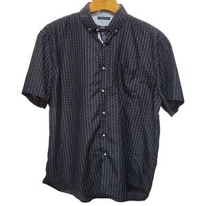 Interaffair Mens XL Short Sleeve Button Down Shirt Geometric Print Black White